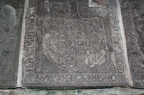 old grvaestones form floor at base of altar St Mary Llanywern
